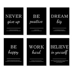 six black and white motivation cards with the words be happy, never give up, work hard