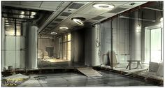 an empty room with mirrors and lights on the ceiling is seen in this image, it appears to be very futuristic