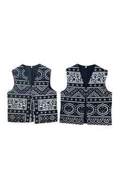 (DELIVERY AFTER CHRISTMAS) Exclusive to Sindh, this ajrak cloth with deep black base and symmetrical patterns has a historic and cultural significance that dates back to Indus Valley Civilization (2500 BC -1500 BC). This waistcoat is made on a premium quality Cotton fabric in a non-traditional and very popular black colour. The waistcoat is lined with black fabric. SIZE: Small (20) Chest : 34 in (86 cm) Waist : 34 in (86 cm) Length: 21 in (53 cm) * Please visit our etsy shop to see more designs Traditional Black Cotton Nehru Jacket, Black Printed Cotton Outerwear, Traditional Black Vest For Festival, Traditional Fitted Black Vest, Traditional Black Cotton Outerwear, Black Cotton Outerwear For Festivals, Folk Style Black Outerwear For Festivals, Black Folk Style Outerwear For Festivals, Black Folk Outerwear For Festivals