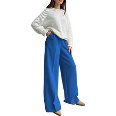 Blue High Waisted Draped Wide Leg Pants Blue Stretch Wide-leg Jeans, Blue Wide Leg Pants With Pockets For Work, Blue Wide Leg Pants With Relaxed Fit For Fall, Blue Straight Leg Bottoms For Fall, Fall Blue Straight Leg Bottoms, Blue Relaxed Fit Wide Leg Pants, Blue Wide Leg Pants With Pockets For Fall, Blue Straight Jeans For Workwear, Fall Blue Wide Leg Pants With Pockets