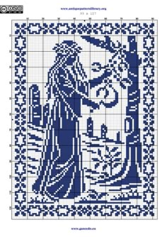 a cross stitch pattern with an image of the virgin mary and jesus in blue tones