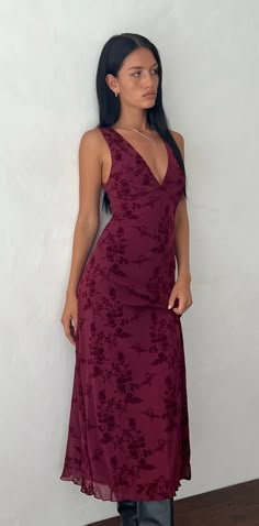 Botanical Flower Maroon Midi Dress | Gabriela – motelrocks-com-us