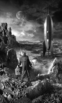 two people standing in front of a space ship on the rocky shore with another person looking at it