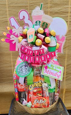 a birthday gift basket filled with sweets and candy