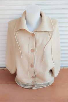 Vintage beige cardigan. Wool sweater .Pullover women's knitwear. Beige jacket with buttons, two pockets, high collar. Raglan sleeve 3/4 length. Back length - 20,47" or 52 cm. Distance from armhole to armhole -  18,89" or 48 cm. Good vintage condition. Care instructions: hand wash in cold water with mild soap, lay flat to dry.                                                                                                                                  Ready to ship. Cardigan Beige, Beige Jacket, Beige Cardigan, Vintage Cardigan, Sweater Pullover, Knitwear Women, Wool Sweater, Jumpers And Cardigans, Women Pullover