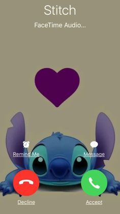 an image of stitch on the phone with two different buttons and one has a heart