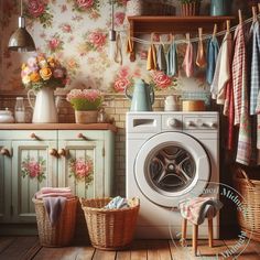 a washing machine sitting in front of a washer next to a basket filled with laundry