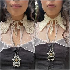 two pictures of the same woman's neck with different necklaces