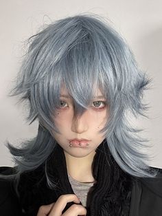 The price is for a wig only, others are not included. Garment Size SizeFree SizeHair Length45 Male Wig Hairstyles, Mullet Hair Color, Blue Hair Men, Blue Mullet, Blue Hair Boy, Ice Blue Hair, Male Wigs, Ouji Style, Bangs Light