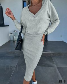 Ebeek - Chic Ensemble: V-Neck Long Sleeve Top and Sleeveless Dress Combination Gray Stretch V-neck Dress, Chic Gray V-neck Dress, Gray V-neck Dress, Stretch V-neck Gray Dress, V Neck Long Sleeve Top, One Shoulder Jumpsuit, Autumn Collection, Top Sleeveless, Dress Set