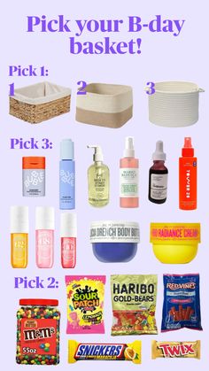 the contents of a picnic basket are shown in purple and blue text that says pick your b - day basket