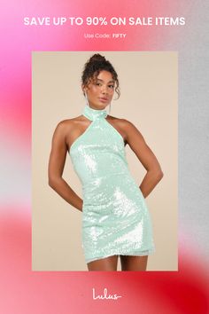 If you have iconic intentions, then the Lulus Sensational Purpose Mint Sequin Halter Tulip Mini Dress is the perfect look to achieve them! A multitude of dazzling clear sequins dance across this stunning dress that features a sleeveless darted bodice and a high, halter neckline (with two button-loop closures at back). The fitted waist tops a tulip-style skirt that boasts an overlapping panel that gathers at the side and finishes at a flirty mini hem. Hidden back zipper/clasp. Fit: This garment fits true to size. Length: Mid-thigh. Size medium measures 31.5" from top to bottom. Bust: Great for any cup size. Waist: Fitted - very fitted at natural waist. Hip: Fitted - stretchy fabric allows room for hips. Undergarments: May be worn with a strapless bra, adhesive bra, petals, or no bra. Fabric Sequin Halter Dress, Sequin Halter, Adhesive Bra, Sparkly Dress, Dresses Backless, Style Skirt, Strapless Bra, Halter Neckline, Cup Size