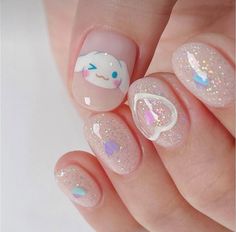 Cute Sanrio Nail Ideas, Cinnamoroll Nail Design, Cinnamonroll Sanrio Nails Short, Hello Kitty Cinnamon Roll Nails, Cinnamoroll Nails Simple, Cinamoroll Nails Simple, Sanrio Short Nails, Cinnamoroll Nails Short, Nail Designs Sanrio