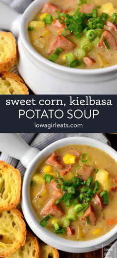 two bowls filled with soup next to some bread