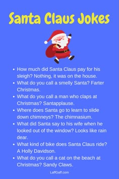 Funny Santa Claus jokes Kids Jokes And Riddles, Funny Christmas Jokes, Quotes Kindness, Holidays Decorations, Funny Santa Claus, Funny Santa, Jokes And Riddles