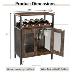 an image of a wooden cabinet with wine bottles in it and measurements for the size