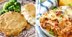 two pictures of different types of food and one has gravy on it, the other has broccoli