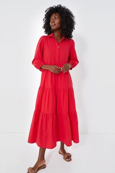 Featuring a full length, tiered skirt combined with puff sleeves in a bright vibrant red, the Hibiscus Mabel Dress is ready to quickly become a closet staple. With a collared neckline and half front placket, this effortless number evokes a sophisticated, relaxed feel. This no fuss maxi can be worn all day from school d Bright Clothing, Mommy Clothes, Tuckernuck Dress, Bright Palette, 2023 Wishlist, Hibiscus Red, Easy Silhouette, Place Dress, Bright Winter