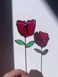 a hand holding two stained glass flowers in front of a white wall with shadows on it