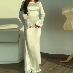 Simple Dress Modest, Cute Simple Dresses Classy Long, Satin Dresses Pattern, White Satin Long Dress, Full Dresses For Women, Modest White Dresses, Long Skirts Aesthetic, Simple White Long Dress, White Satin Dresses