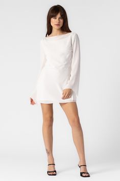 Long sleeve mini dress in the color off white. Maxi Jumpsuit, Athleisure Tops, Silk Bottoms, Leather Denim, Sheer Material, Outerwear Sweater, Denim Pant, Denim Top, Crop Tank