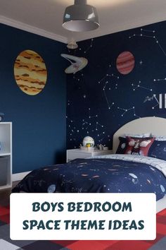 Boys Bedroom Space Theme Ideas Simple Space Themed Bedroom, Space Decorations Galaxy Theme Bedrooms, Space Room For Boys, Space Bedroom Boys, Bedroom Space Theme, Space Bedroom Ideas, Cosmic Decor, Boys Space Room