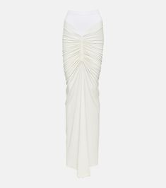 Ruched Jersey Maxi Skirt in White - Alaia | Mytheresa Draped Skirt With Ruched Sides For Evening, Ruched Draped Maxi Skirt For Evening, Evening Draped Ruched Maxi Skirt, Ruched Maxi Skirt For Formal Occasions, Evening Sheer Maxi Skirt, Ruched Draped Long Skirt For Formal Occasions, Ruched Long Evening Skirt, Elegant Ruched Maxi Bottoms, Elegant Maxi Length Ruched Bottoms