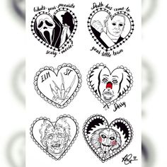 four heart shaped stickers with different faces on them