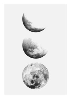 three phases of the moon are shown in black and white, against a light gray background