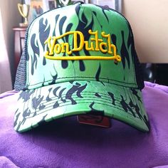 Authentic Von Dutch Hat In Flaming Green And Yellow Logo Dutch Hat, Von Dutch Hat, Yellow Logo, Von Dutch, Green And Yellow, Accessories Hats, Mens Accessories, Bible, Man Shop