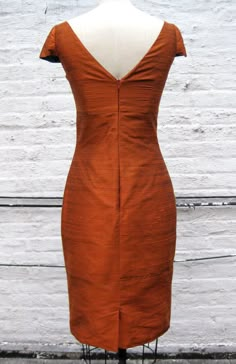 Orange Rust V-neck Cap-Sleeve Fitted Silk Shantung Sheath Dress-Custom Made to Order Elegant Dress With Fitted Bodice And Cap Sleeves, Fitted Silk Dress With Pleated Bodice, Elegant Fitted Sheath Silk Dress, Elegant Ruched V-neck Dress With Short Sleeves, Summer Formal Fitted V-neck Dress, Fitted Satin Silk Dress With Straight Neckline, Fitted Silk Short Sleeve Dress For Formal Occasions, Fitted Silk Party Dress With V-neck, Fitted Silk Party Dress V-neck