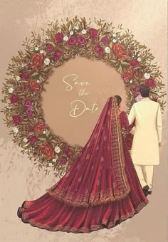 a bride and groom standing in front of a floral wreath with save the date written on it