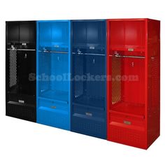 four lockers with different colors and sizes are shown in the same color as each other