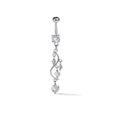 This elegant belly ring has CZs dangling in graduating sizes that catch the eye with shimmer and sparkle. Made in surgical-grade stainless steel. Stone: Cubic Zirconia Gauge: 14 Tube Length: 7/16" Fits belly button piercings. Silver Dangle Belly Rings In Stainless Steel, Adjustable Metal Belly Rings For Wedding, Elegant Metal Dangle Belly Rings, Elegant Dangle Belly Rings With Internally Threaded Design, Elegant Dangle Belly Rings With Internally Threaded Detail, Elegant Adjustable Dangle Belly Rings, Cute Belly Rings Dangle, Dangling Belly Button Rings, Stomach Piercings Belly Rings