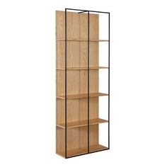 a wooden bookcase with four shelves on one side and two black metal bars on the other