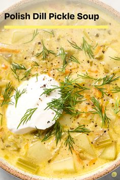 a bowl filled with potatoes and dill pickle soup