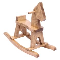 a wooden rocking horse toy on a white background