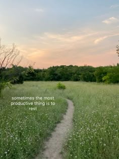 a path in the middle of a field with a quote on it that reads sometimes the most productive thing is to rest