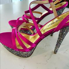 Nine West Size 8.5 Run Small Hot Pink On The Magenta Side With Glitter Platform And Heel Brand New Never Worn Synthetic High Heels With Glitter Accents, Glitter Accents High Heels In Synthetic Material, Pink Glitter Heels For Night Out, Pink Glitter High Heel Heels, Pink Glitter Heels For Formal Occasions, Formal Pink Glitter Heels, Pink Open Toe Heels With Glitter Accents, Sequined High Heels In Synthetic Material, Platform Shoes Heels