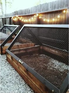 an outdoor chicken coop with lights strung over it's sides and the top half