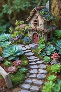 a small house surrounded by succulents and trees in the woods with a stone path leading to it