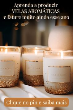 three candles sitting on top of a table next to each other with words above them