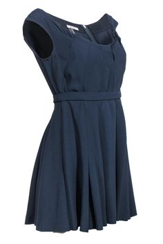 Give a nod to navy in this dress from Miu Miu! This simple yet chic dress is the perfect last minute fix for your next event! Wear it with nude heels and a silver clutch for a timeless look. Size 10 Shell: 74% Acetate, 26% Viscose Lining: 100% Polyester Concealed back zipper Lined Fit and flare silhouette w/ waistband Scoop neckline Sleeveless Pleated Bust 34" Waist 28" Shoulder to hem 32" Chic Navy A-line Mini Dress, Chic Navy A-line Dress, Flattering Blue Evening Dress, Chic Fitted Navy Dress, Chic Navy Mini Length Dress, Navy Mini Dress For Evening, Chic Navy Midi Dress For Evening, Chic Navy Knee-length Dresses, Elegant Blue Fit And Flare Mini Dress