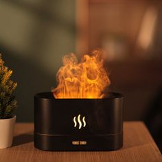 a fire burning inside of a black container on top of a table next to a potted plant