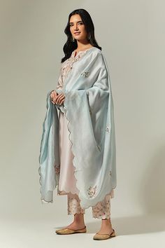 Light pink kurta featuring floral embroidery with a notched neckline and scallop sleeves. Paired with scallop hem pants and an embroidered blue dupatta., Fit: Relaxed Hand Embroidered Dupatta, Desi Wedding Dresses, Kurta For Women, Kurta Pant Set, Patiala Salwar, Scallop Hem, Embroidered Dupatta, Gray Silk, How To Hem Pants