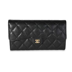 Chanel Black Quilted Caviar Classic Wallet 0.5lb Chanel Designer Business Bags With Card Slots, Leather Evening Bags With Card Slots, Luxury Rectangular Wallet On Chain For Daily Use, Luxury Wallet With Dust Bag For Daily Use, Luxury Bifold Coin Purse For Business, Chic Clutch With Card Slots, Evening Leather Shoulder Bag With Card Slots, Designer Clutch Wallet With Gold-tone Hardware, Black Clutch With Card Slots