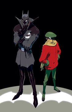 batman and robin wayne standing next to each other in front of a dark sky background