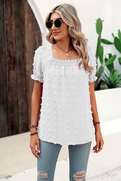 Women Clothing Spring Summer Chiffon Big Fur Ball Short Sleeved Shirt Square Collar Pleated Shirt - White,L Fabric Textured, Colorful Crop Tops, Pleated Shirt, Spring Fashion Outfits, Smocked Top, Summer Crop Tops, Black And White Blouse, Loose Fabric, Women Shirts Blouse