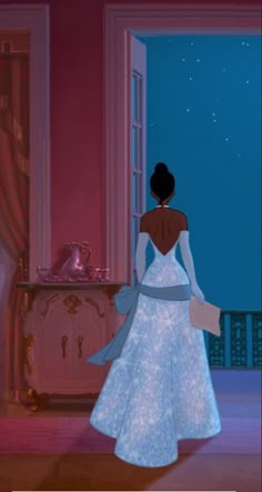 an animated image of a woman in a white dress looking out the window at night