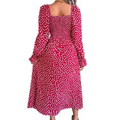 Red Square Neck Floral Print Smocked Swing Maxi Dress Red Smocked Bodice Dress With Square Neck, Fitted Red Smocked Casual Dress, Fitted Red Smocked Dress Casual Style, Casual Red Fitted Smocked Dress, Casual Fitted Red Smocked Dress, Red Fitted Smocked Dress With Ruched Detail, Fitted Red Smocked Dress With Ruched Details, Red Fitted Smocked Dress, Red Midi Dress With Smocked Back